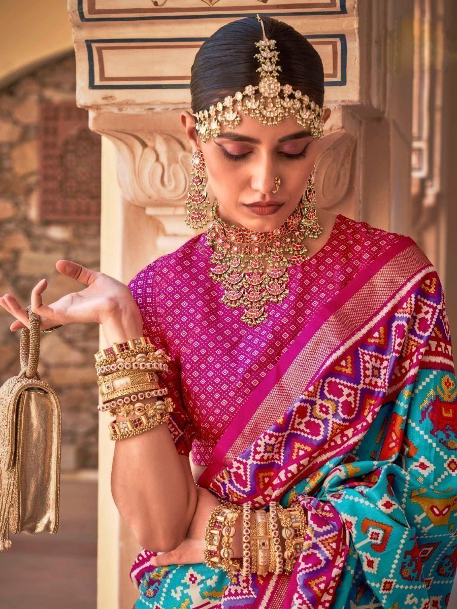 Captivating Sky-Blue Patola Printed Silk Traditional Saree With Blouse - Zeel Clothing