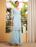 Captivating Sky Blue Sequins Embroidered Georgette Sharara Suit With Dupatta - Zeel Clothing