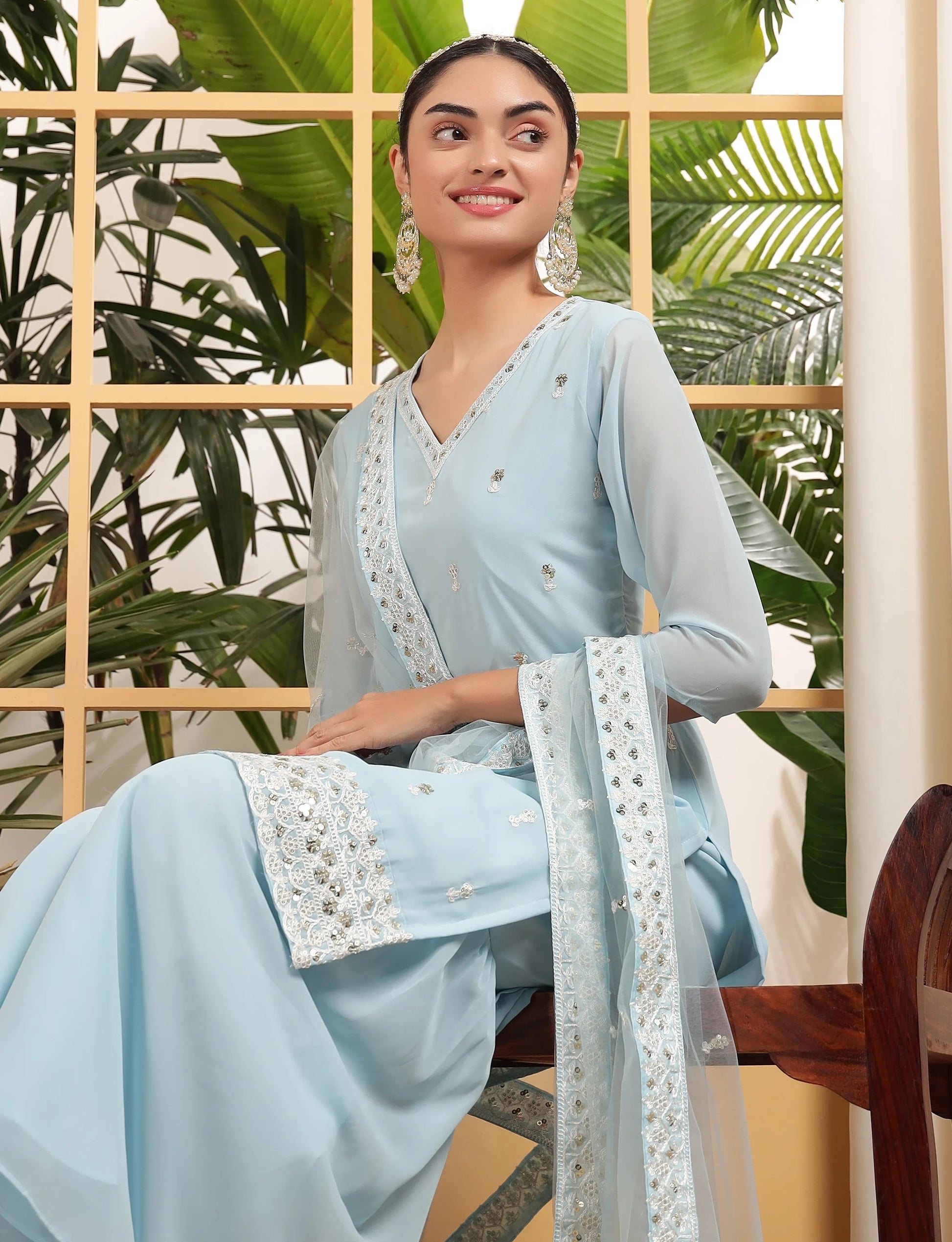 Captivating Sky Blue Sequins Embroidered Georgette Sharara Suit With Dupatta - Zeel Clothing
