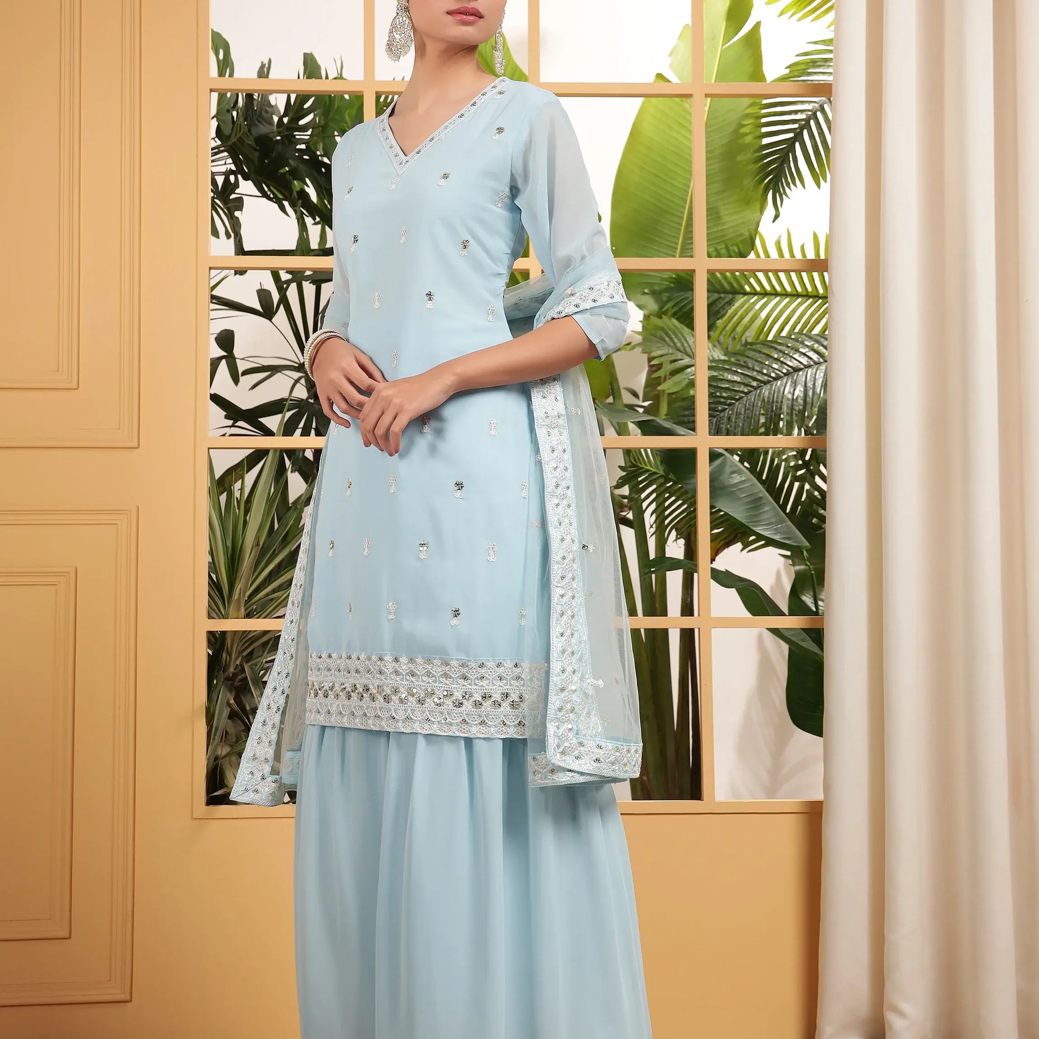 Captivating Sky Blue Sequins Embroidered Georgette Sharara Suit With Dupatta - Zeel Clothing