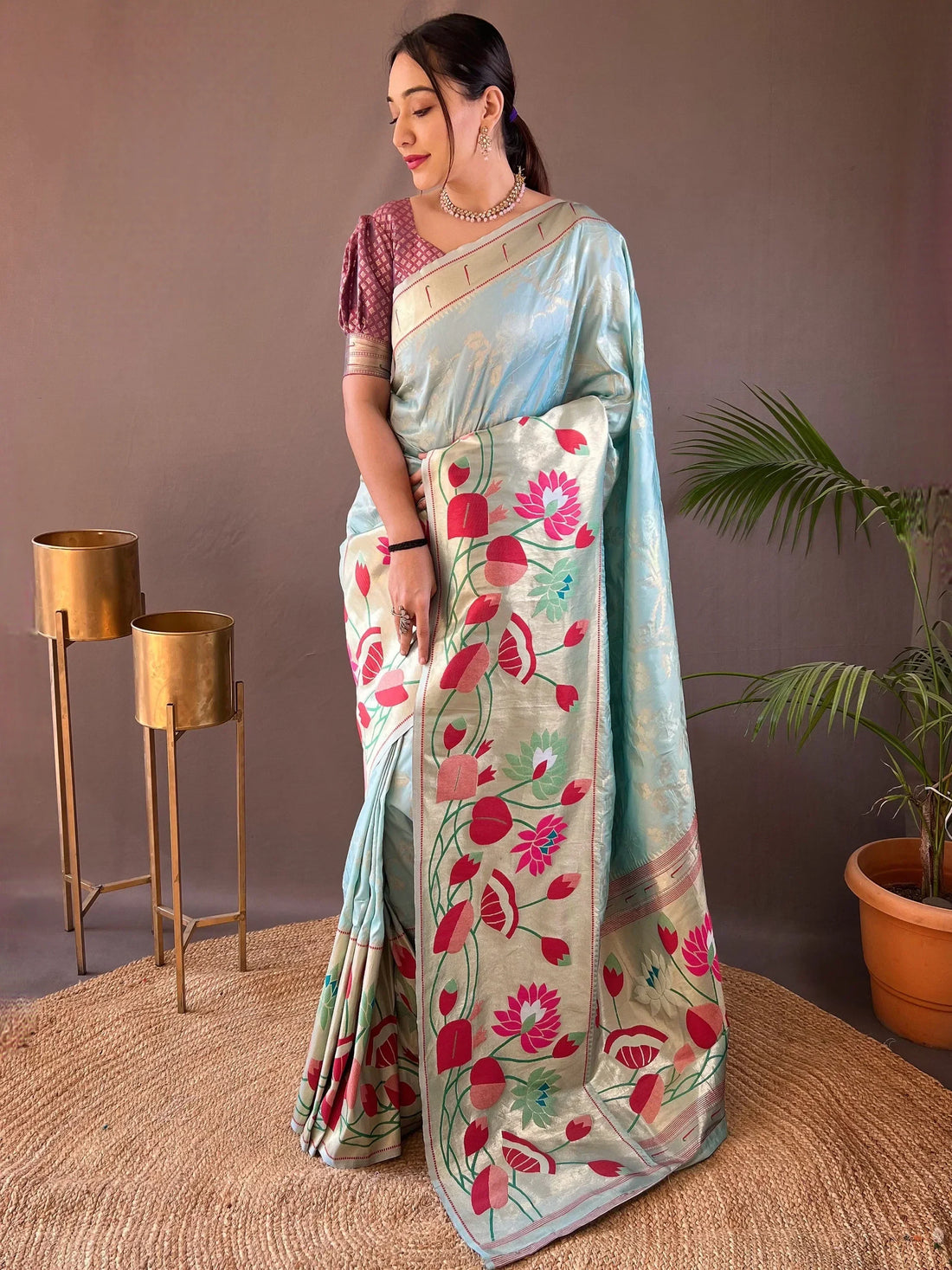 Captivating Sky Blue Weaving Paithani Silk Traditional Saree With Blouse - Zeel Clothing