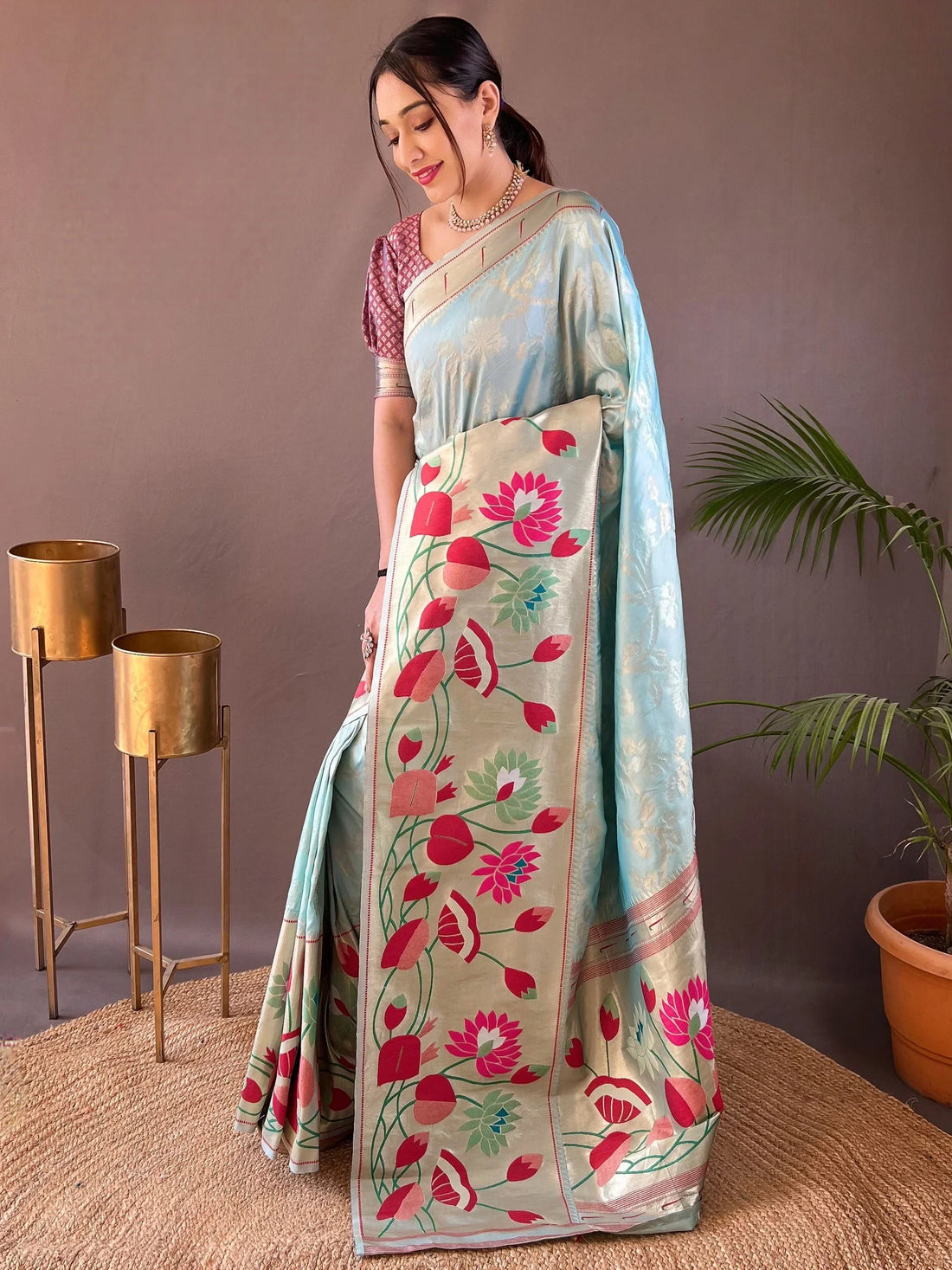 Captivating Sky Blue Weaving Paithani Silk Traditional Saree With Blouse - Zeel Clothing