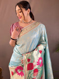 Captivating Sky Blue Weaving Paithani Silk Traditional Saree With Blouse - Zeel Clothing