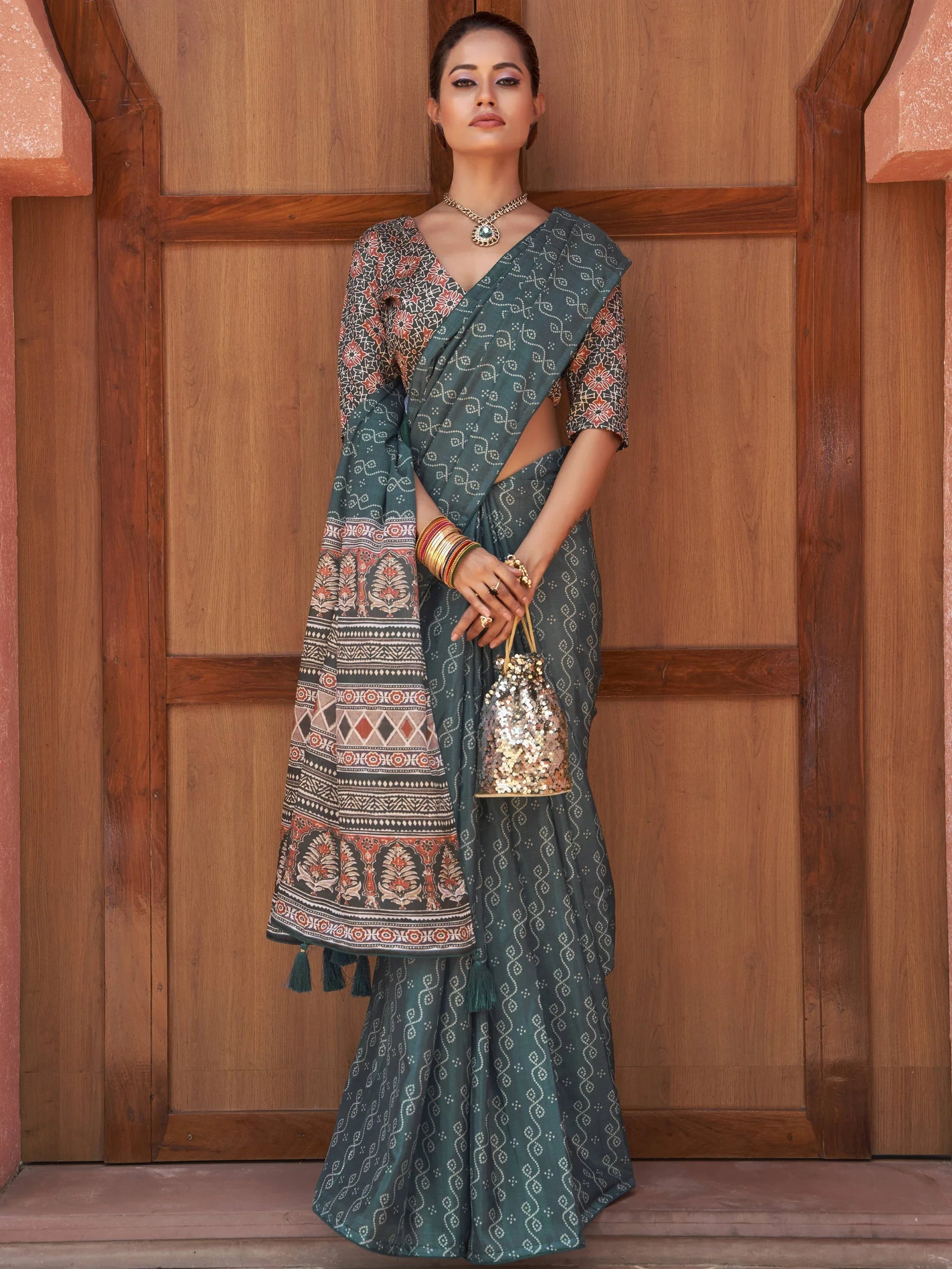 Captivating Teal Blue Digital Printed Crepe Saree With Blouse - Zeel Clothing