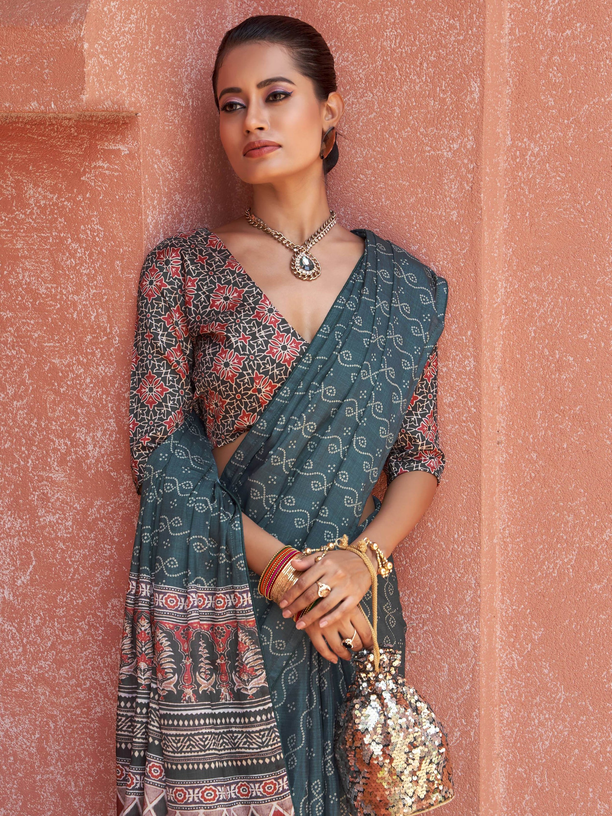 Captivating Teal Blue Digital Printed Crepe Saree With Blouse - Zeel Clothing