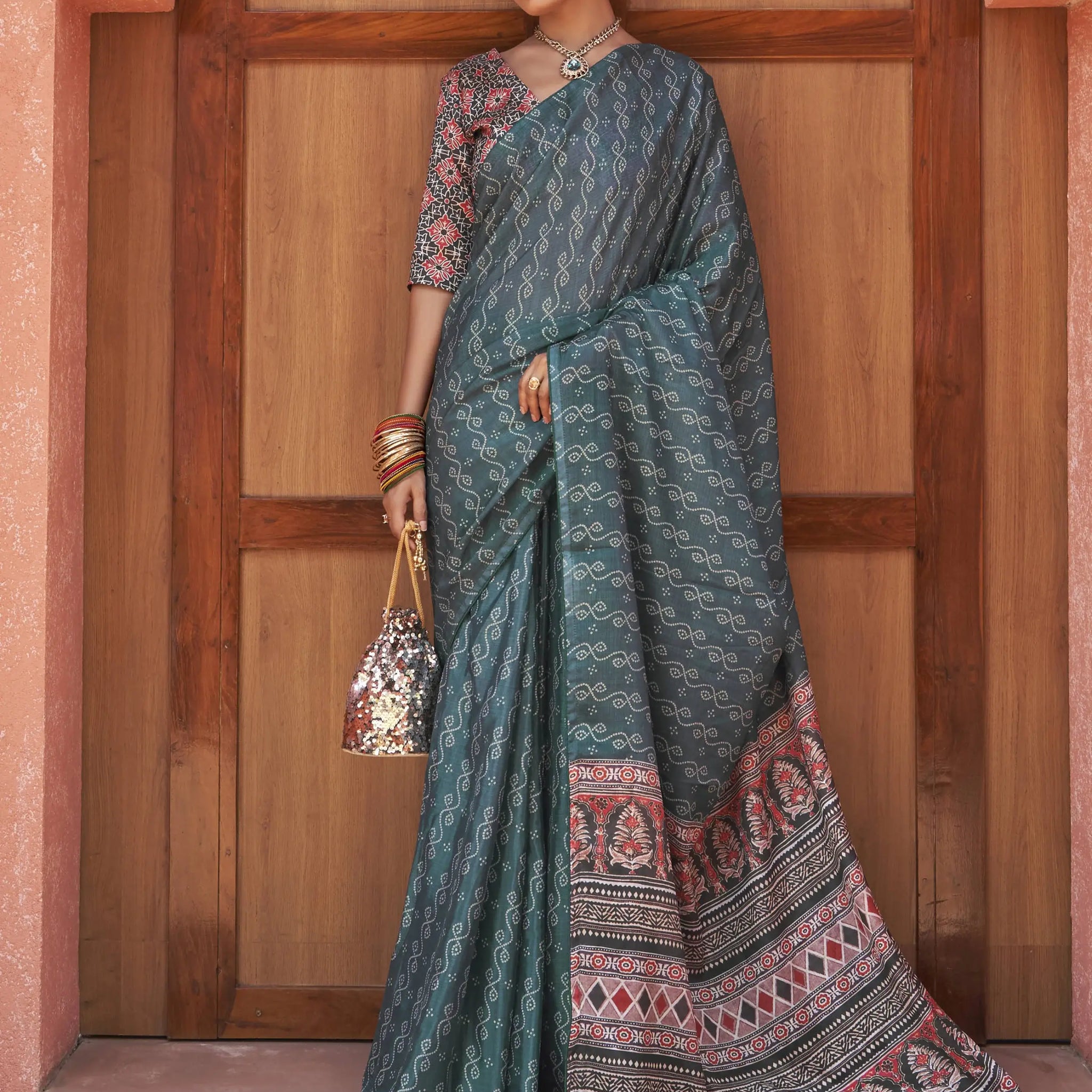 Captivating Teal Blue Digital Printed Crepe Saree With Blouse - Zeel Clothing