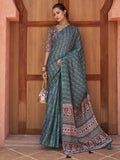 Captivating Teal Blue Digital Printed Crepe Saree With Blouse - Zeel Clothing