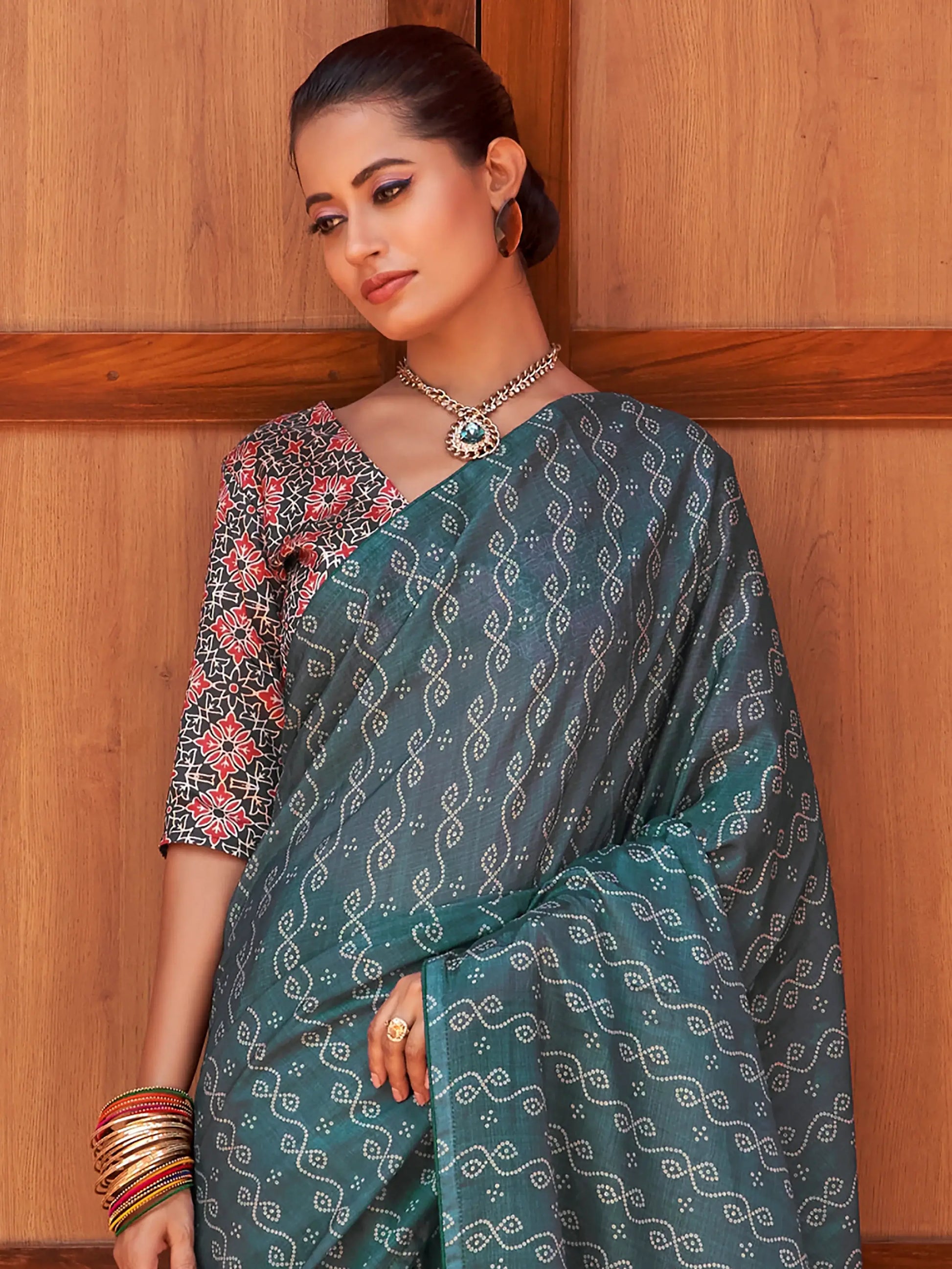 Captivating Teal Blue Digital Printed Crepe Saree With Blouse - Zeel Clothing