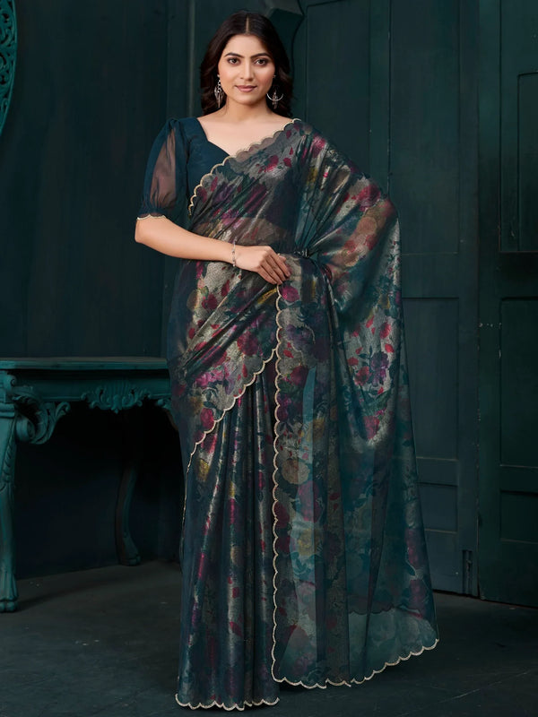 Captivating Teal Blue Foil Printed Silk Festive Wear Saree With Blouse - Zeel Clothing