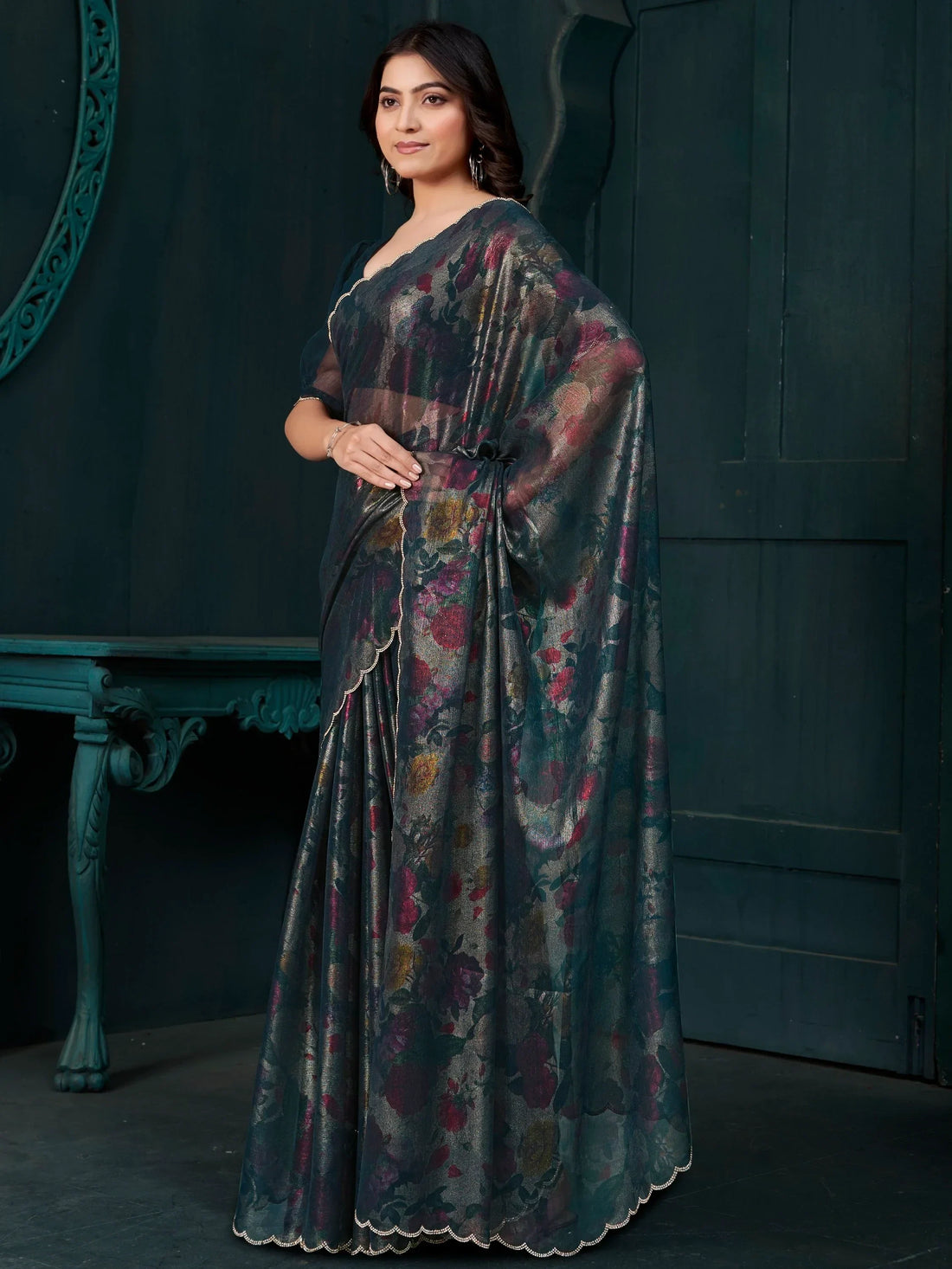 Captivating Teal Blue Foil Printed Silk Festive Wear Saree With Blouse - Zeel Clothing