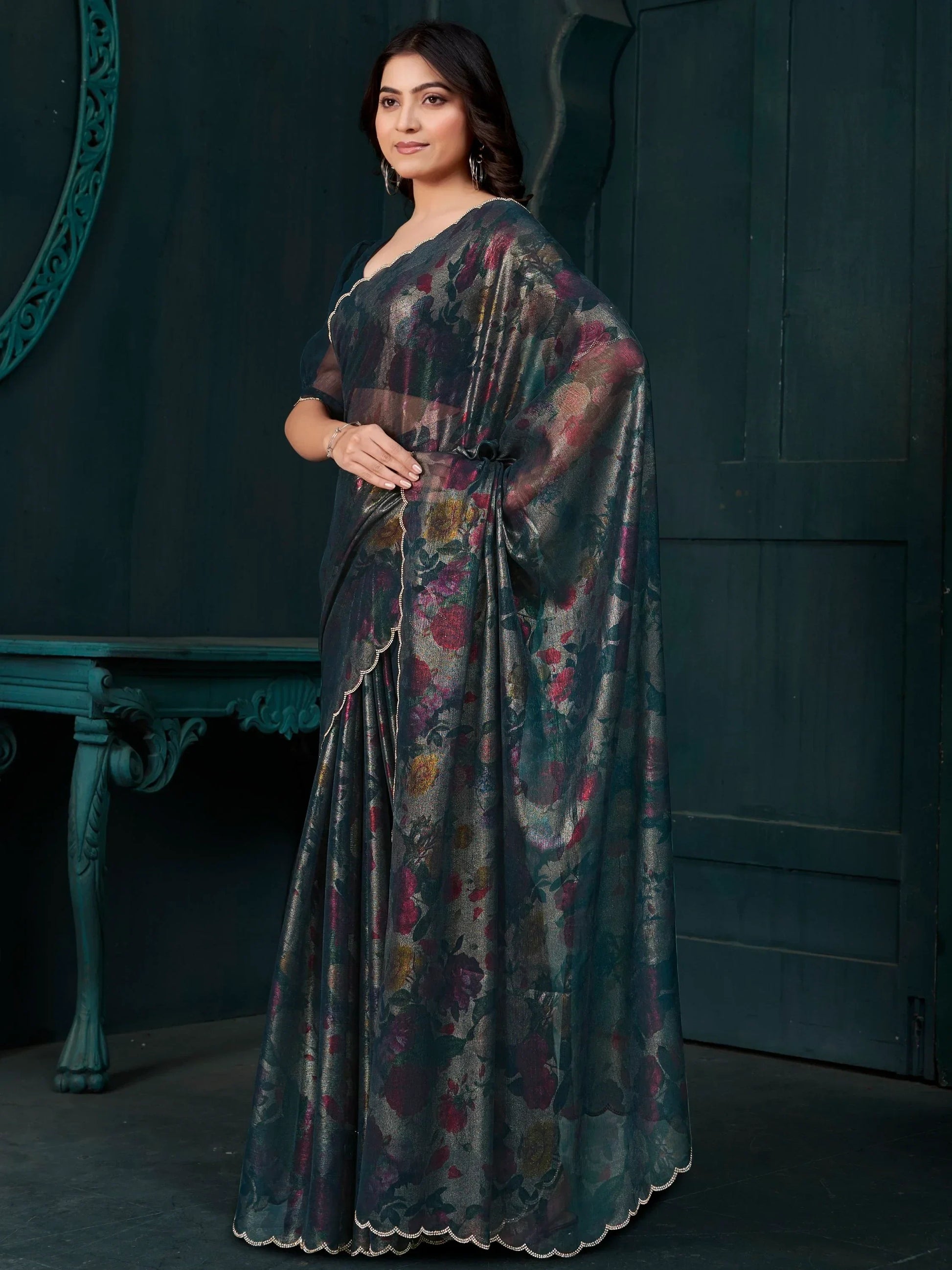Captivating Teal Blue Foil Printed Silk Festive Wear Saree With Blouse - Zeel Clothing