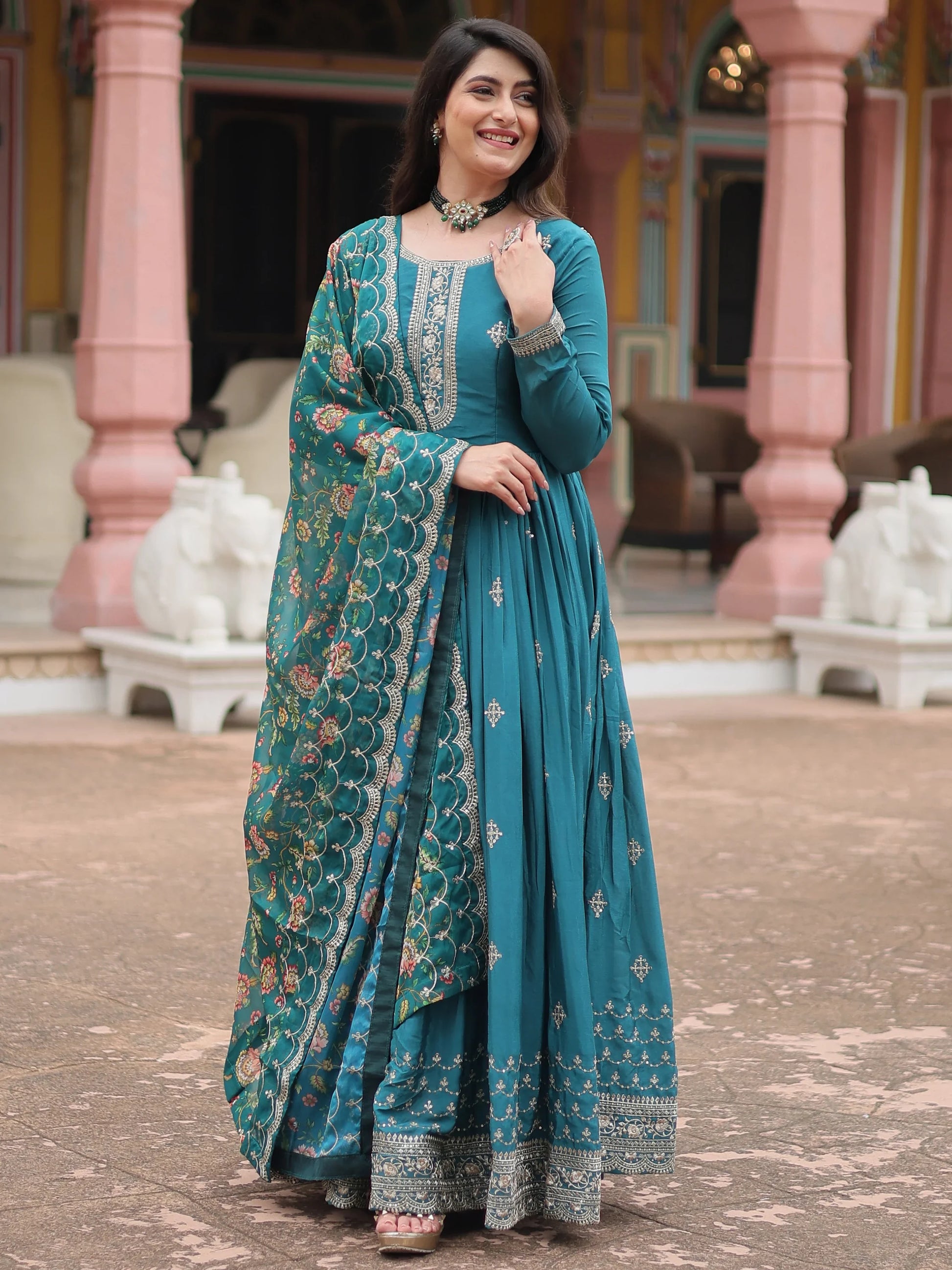 Captivating Teal Blue Sequins Chinon Engagement Wear Gown - Zeel Clothing