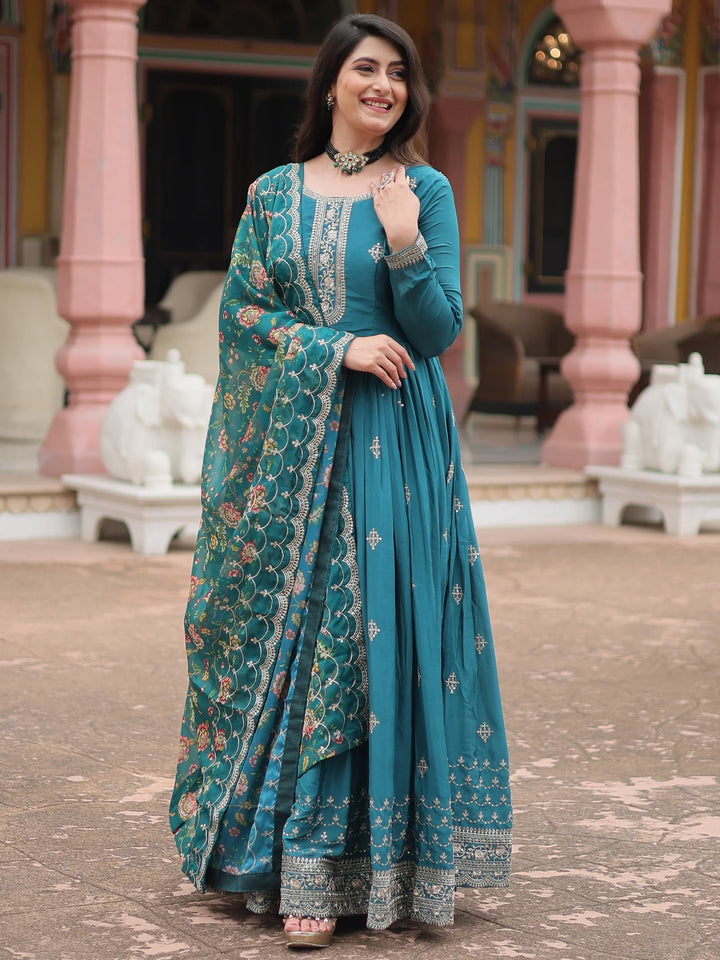 Captivating Teal Blue Sequins Chinon Engagement Wear Gown - Zeel Clothing