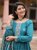 Captivating Teal Blue Sequins Chinon Engagement Wear Gown - Zeel Clothing