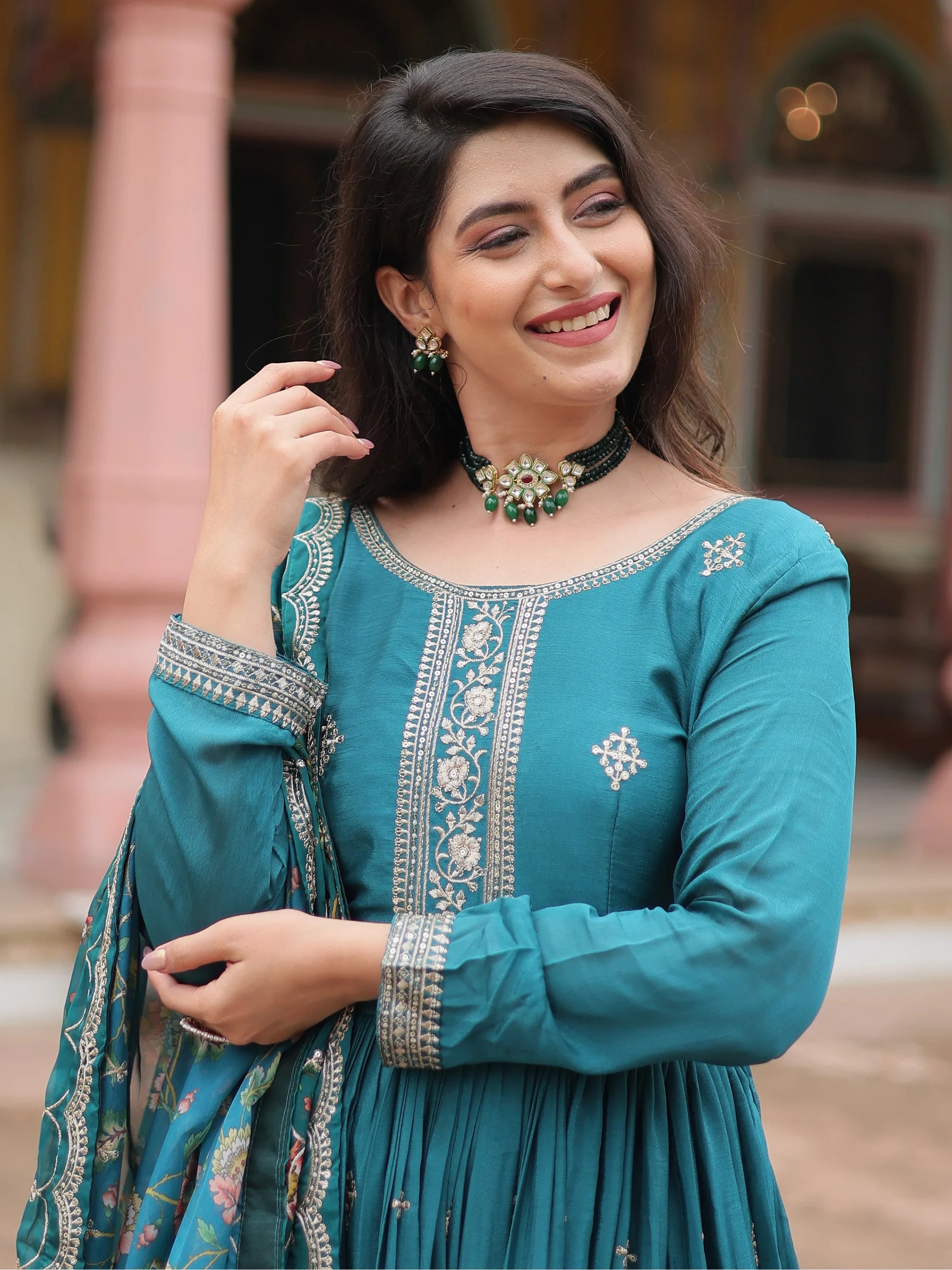 Captivating Teal Blue Sequins Chinon Engagement Wear Gown - Zeel Clothing