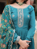 Captivating Teal Blue Sequins Chinon Engagement Wear Gown - Zeel Clothing