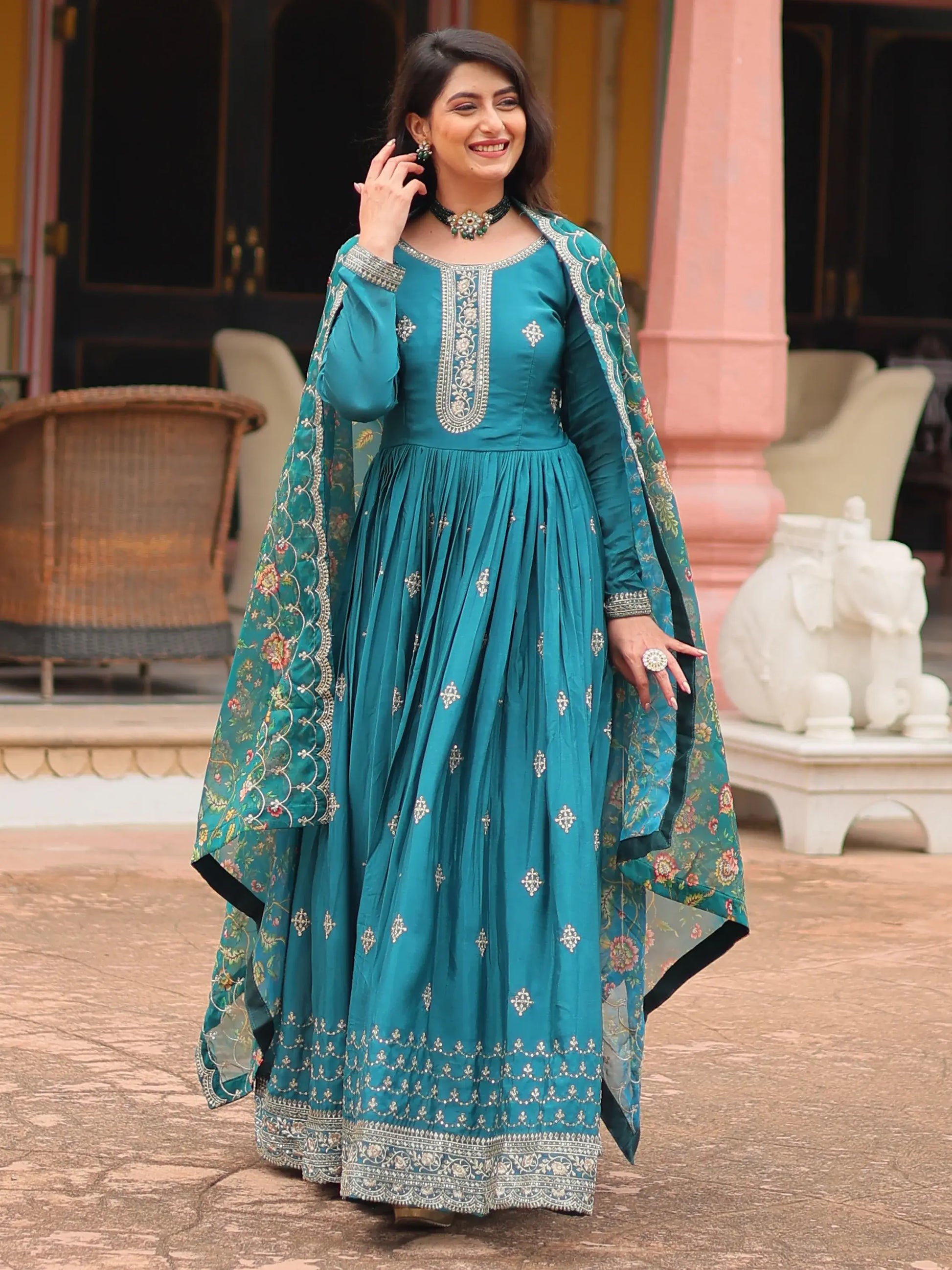 Captivating Teal Blue Sequins Chinon Engagement Wear Gown - Zeel Clothing