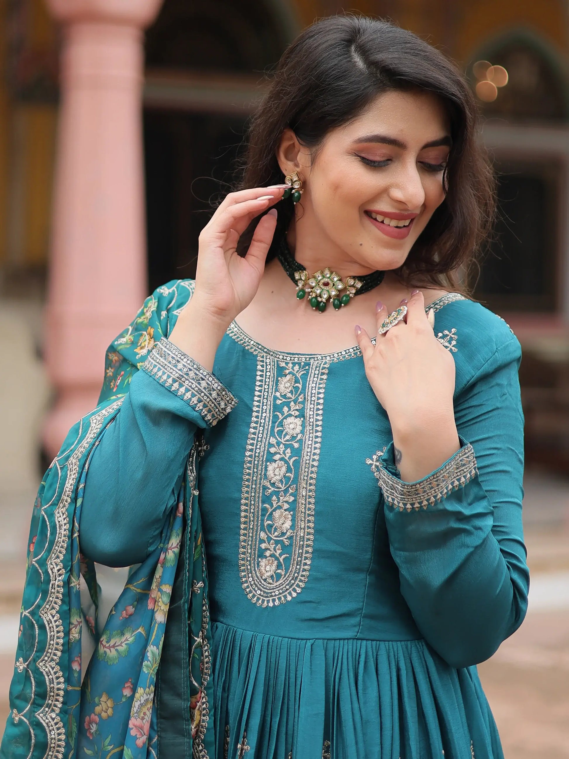 Captivating Teal Blue Sequins Chinon Engagement Wear Gown - Zeel Clothing