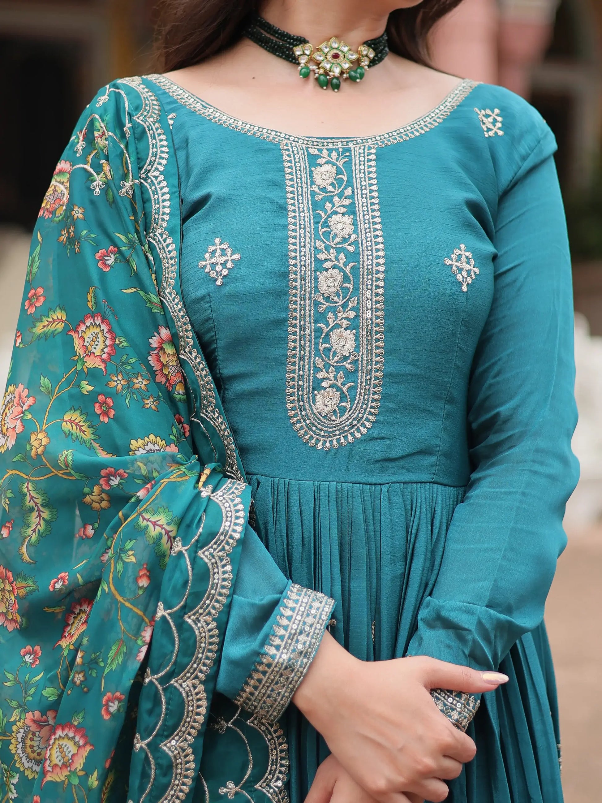 Captivating Teal Blue Sequins Chinon Engagement Wear Gown - Zeel Clothing