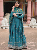 Captivating Teal Blue Sequins Chinon Engagement Wear Gown - Zeel Clothing