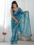 Captivating Teal Blue Thread Work Sequins Net Saree With Blouse - Zeel Clothing