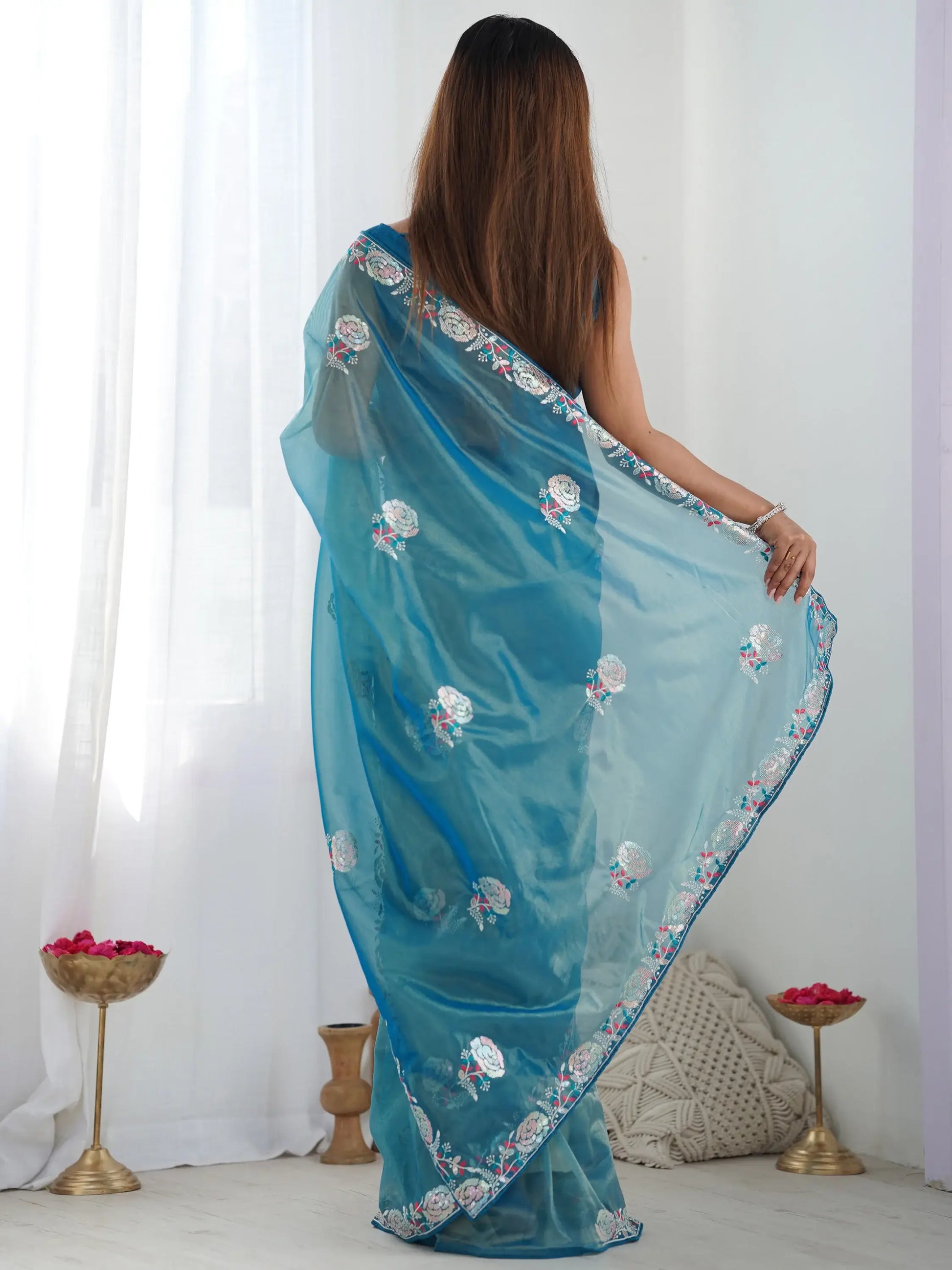 Captivating Teal Blue Thread Work Sequins Net Saree With Blouse - Zeel Clothing