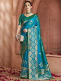 Captivating Teal Blue Zari Weaving Banarasi Silk Festival Wear Saree - Zeel Clothing
