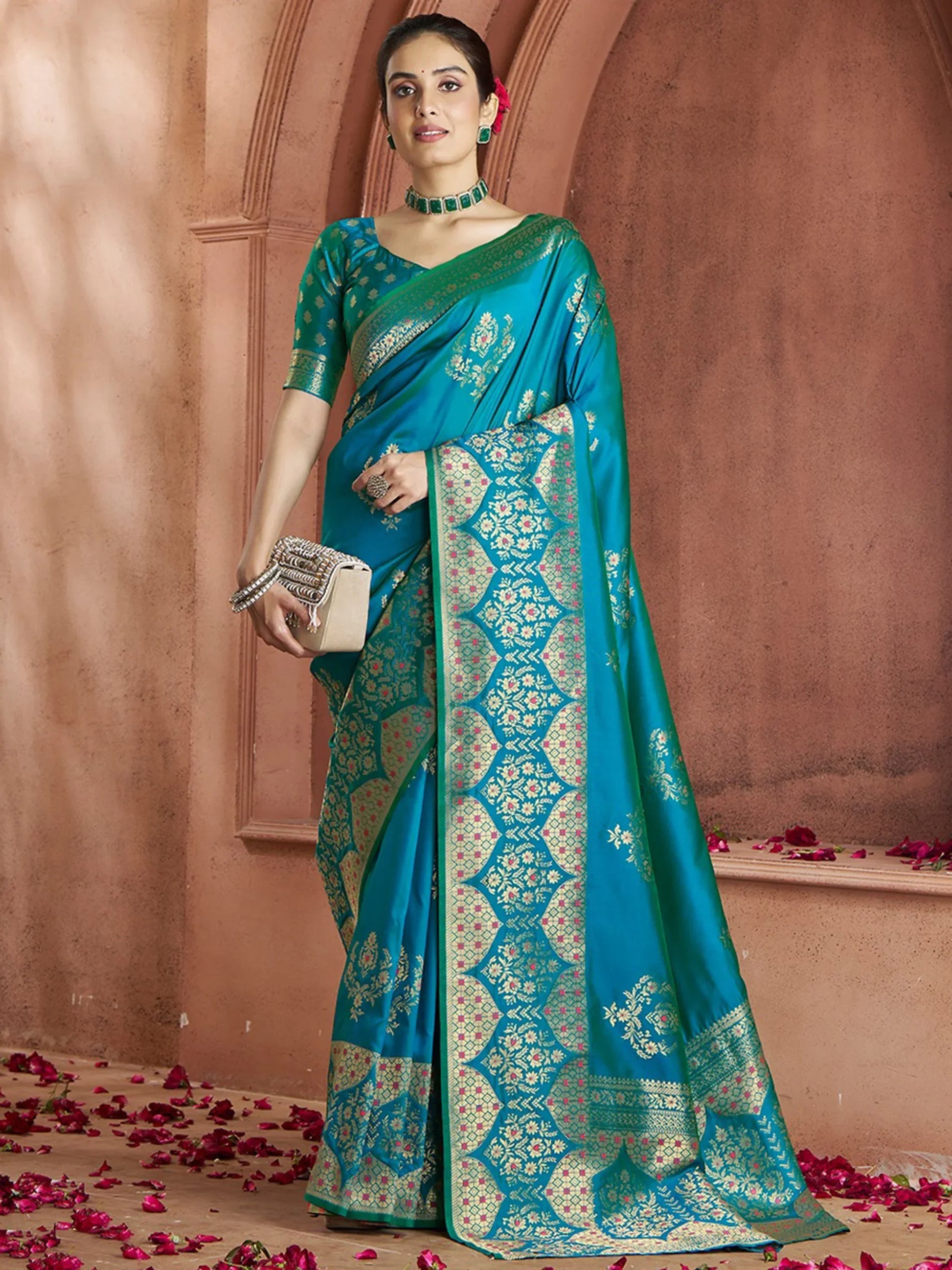 Captivating Teal Blue Zari Weaving Banarasi Silk Festival Wear Saree - Zeel Clothing