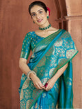 Captivating Teal Blue Zari Weaving Banarasi Silk Festival Wear Saree - Zeel Clothing