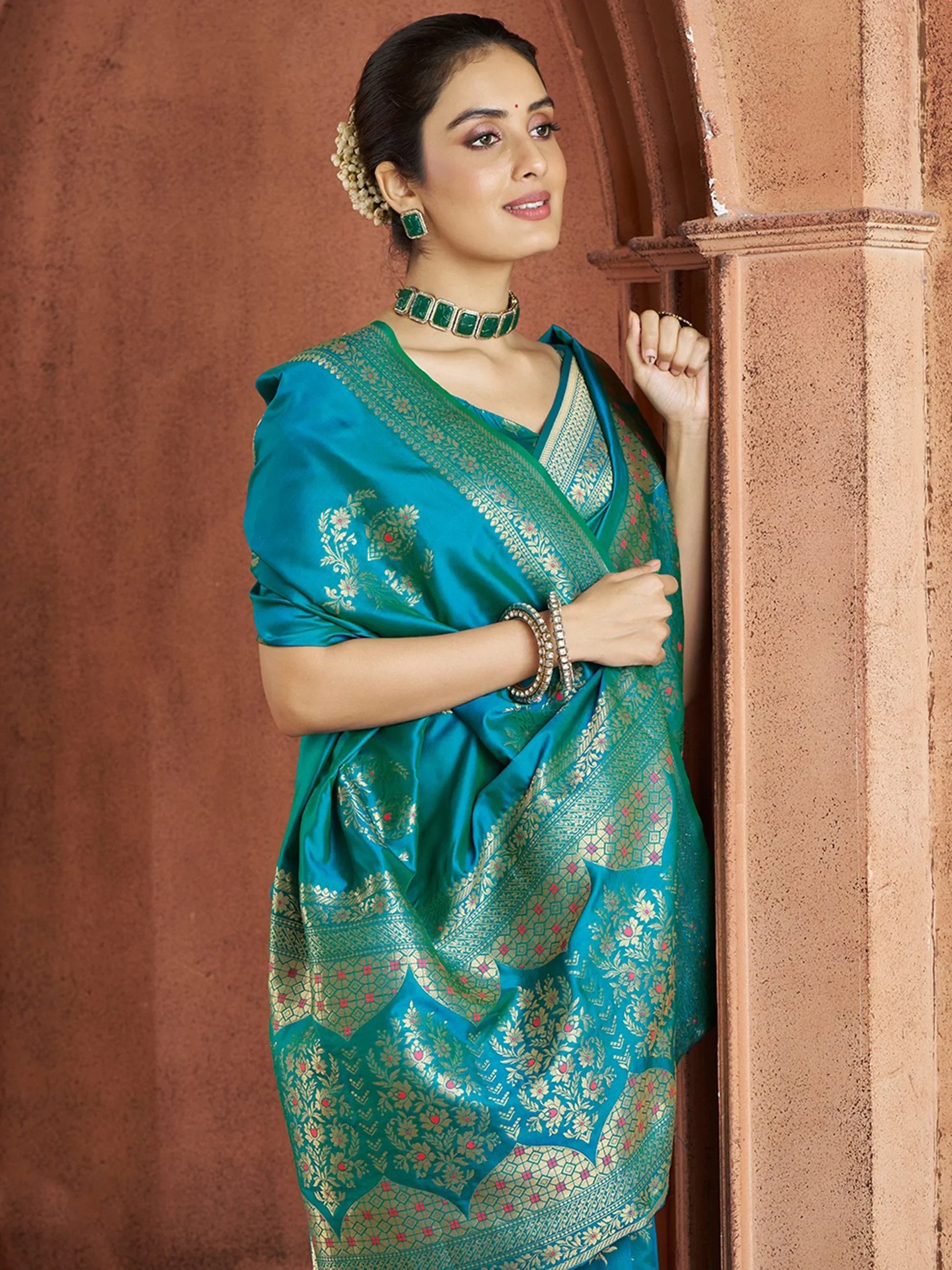Captivating Teal Blue Zari Weaving Banarasi Silk Festival Wear Saree - Zeel Clothing