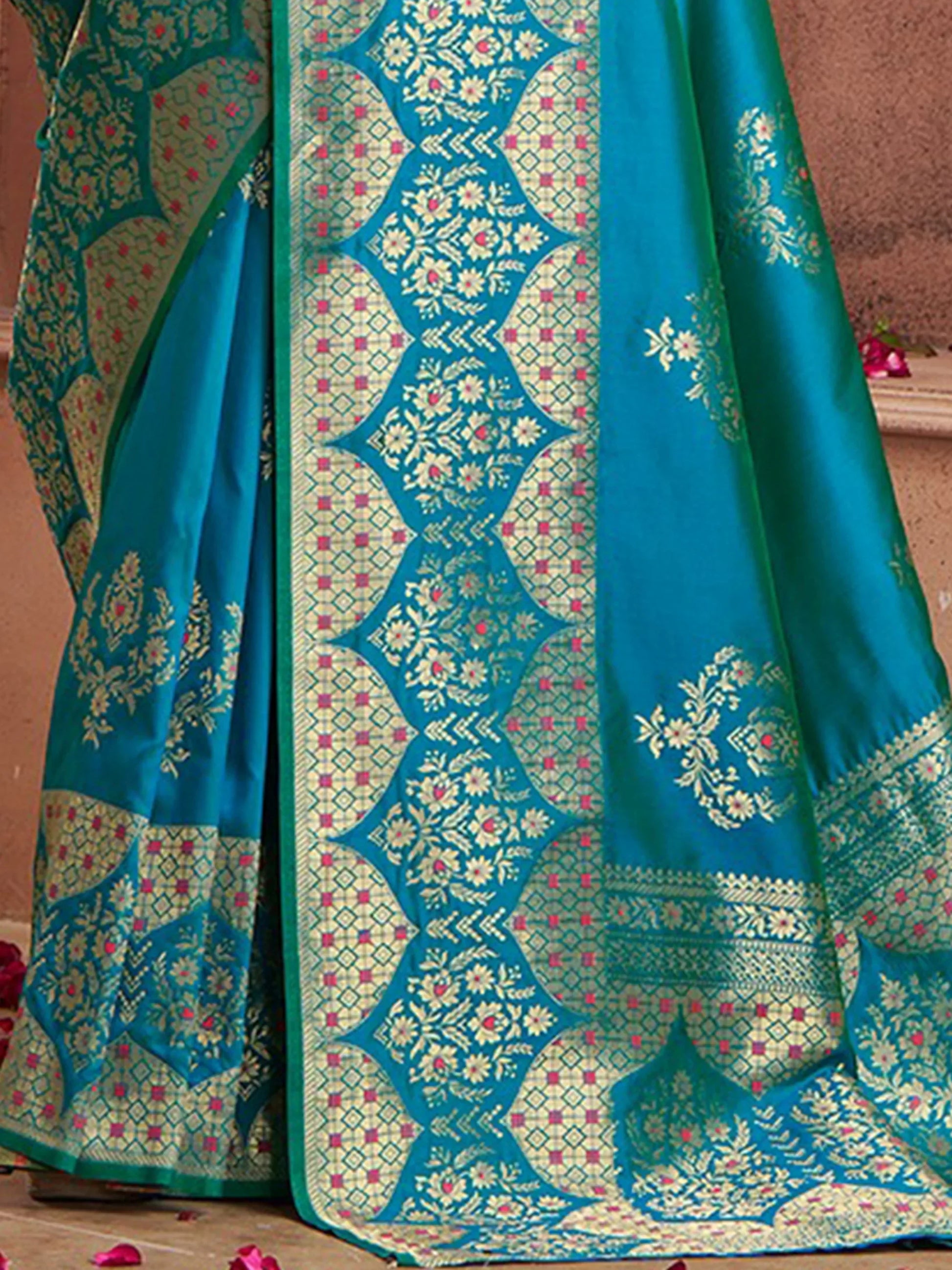 Captivating Teal Blue Zari Weaving Banarasi Silk Festival Wear Saree - Zeel Clothing