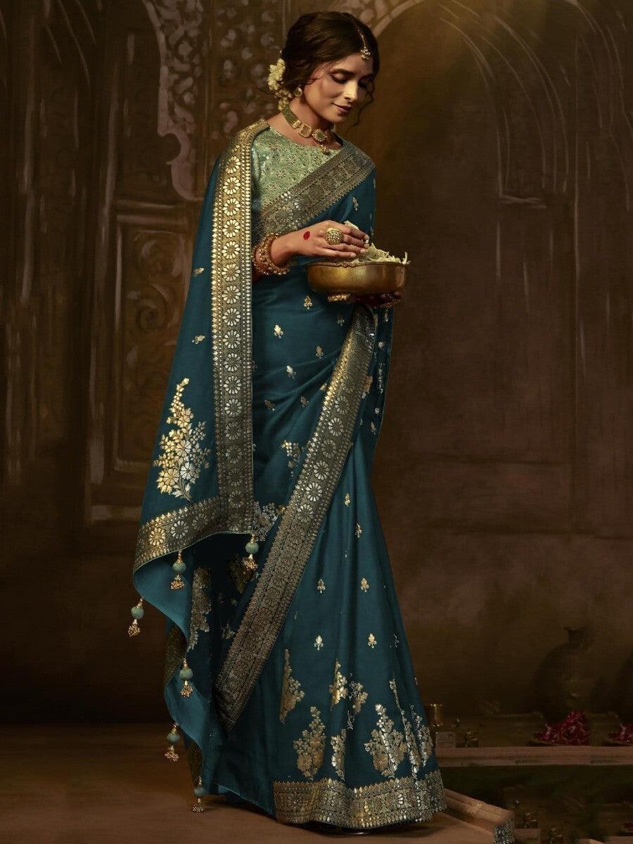 Captivating Teal Blue Zari Woven Silk Sangeet Wear Saree With Blouse