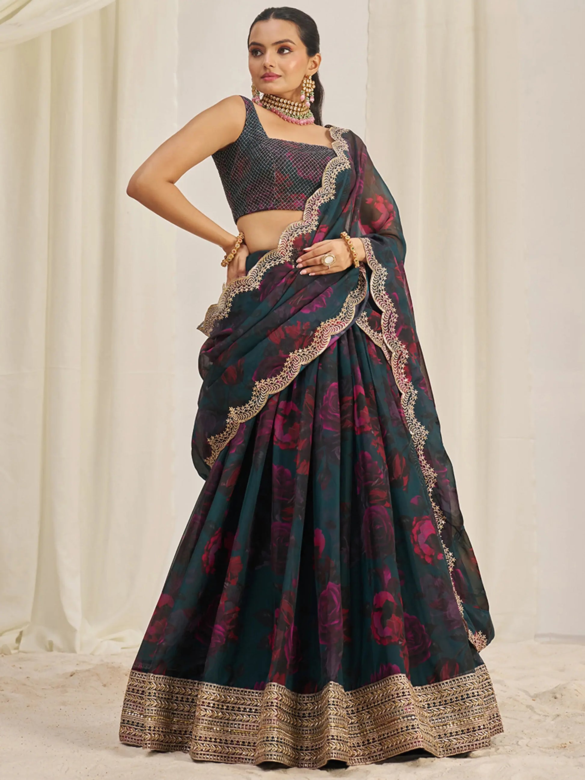 Captivating Teal Green Printed Organza Event Wear Lehenga Choli - Zeel Clothing