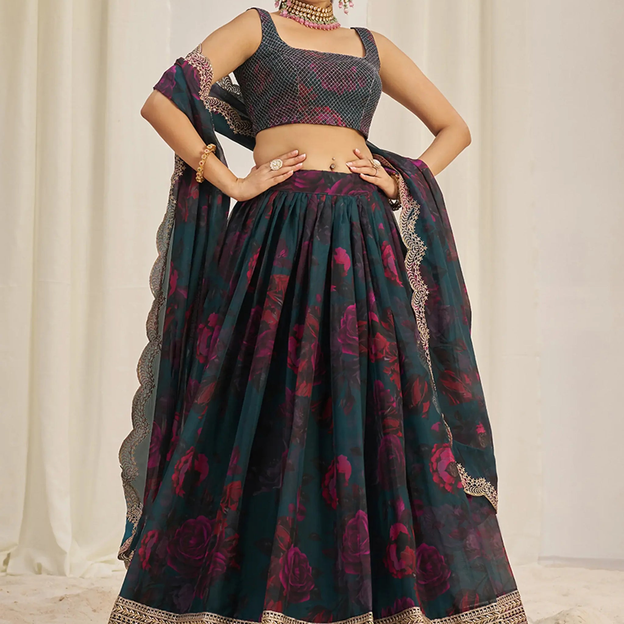 Captivating Teal Green Printed Organza Event Wear Lehenga Choli - Zeel Clothing