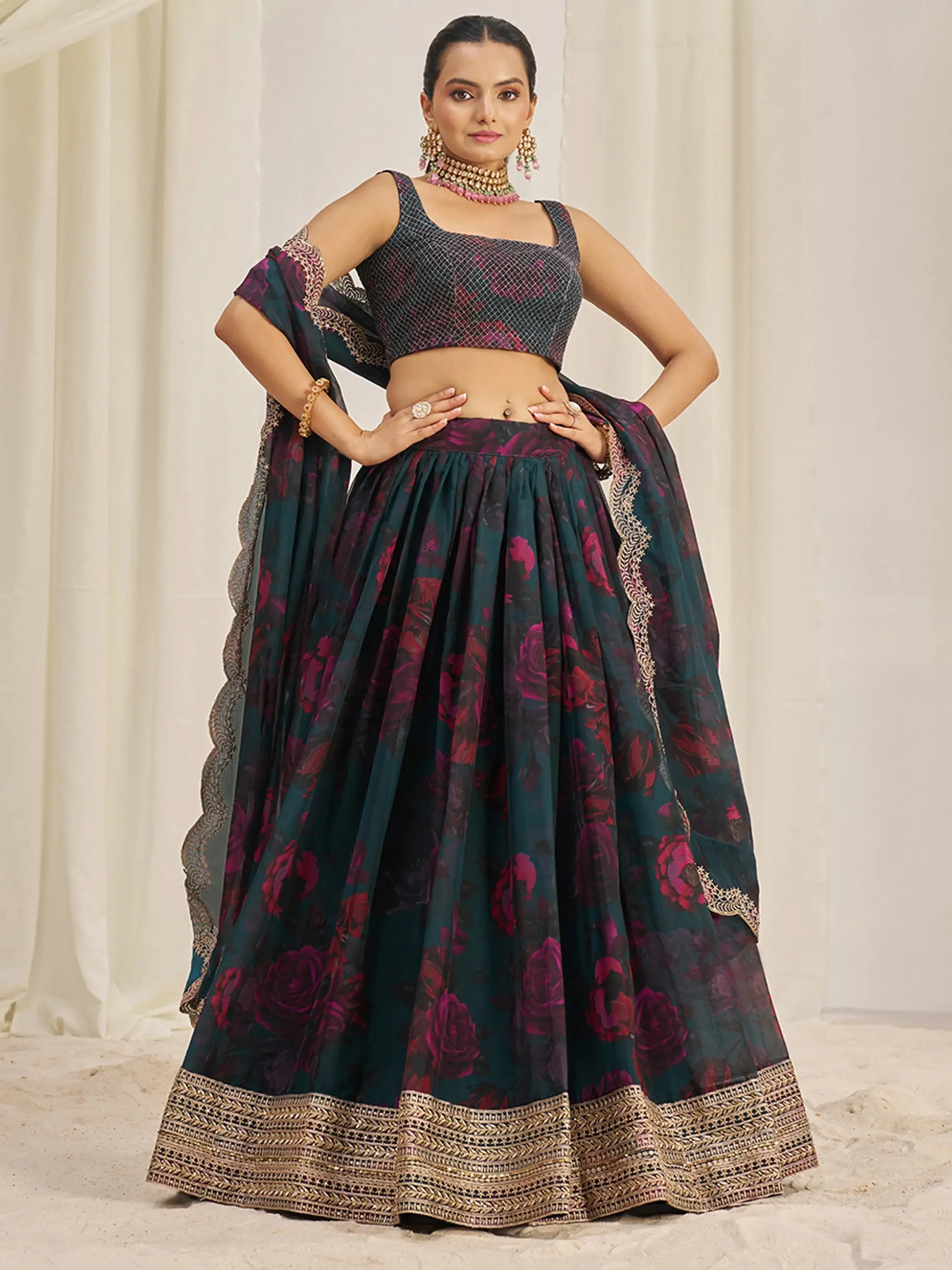 Captivating Teal Green Printed Organza Event Wear Lehenga Choli - Zeel Clothing
