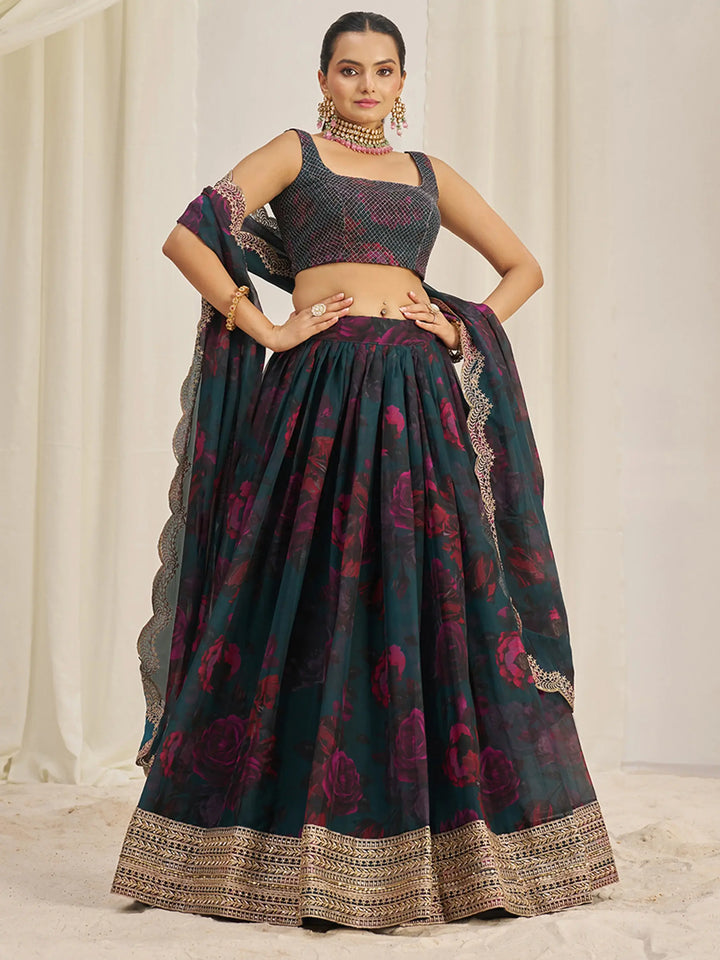Captivating Teal Green Printed Organza Event Wear Lehenga Choli - Zeel Clothing