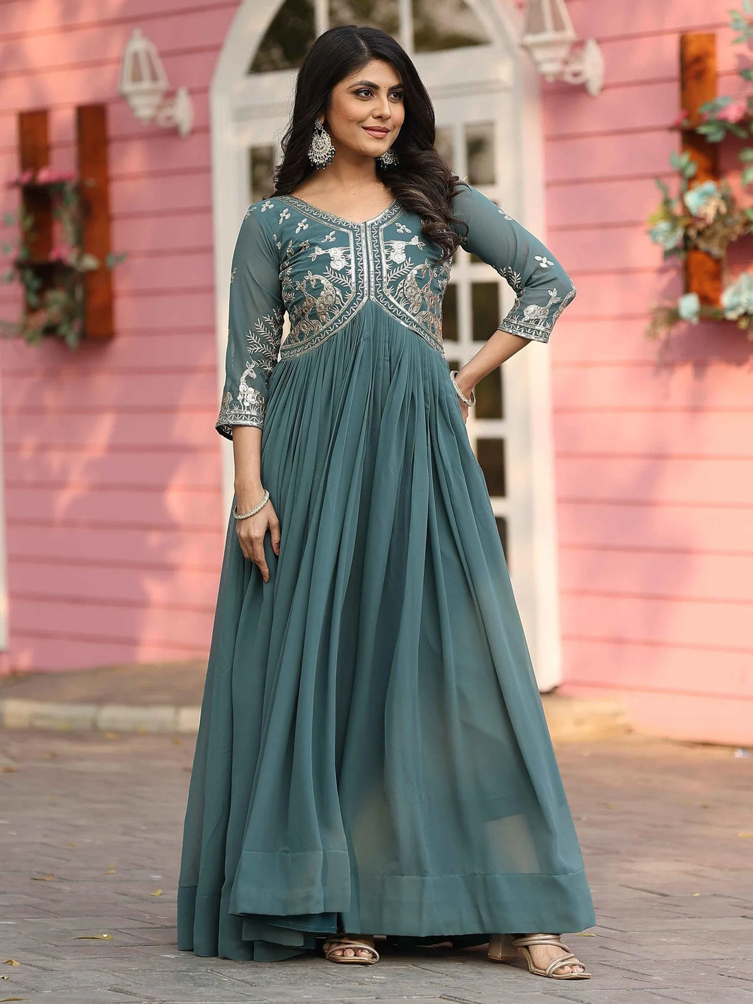Captivating Teal Green Sequins Work Georgette Festive Wear Gown - Zeel Clothing