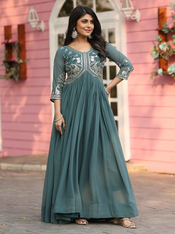Captivating Teal Green Sequins Work Georgette Festive Wear Gown - Zeel Clothing