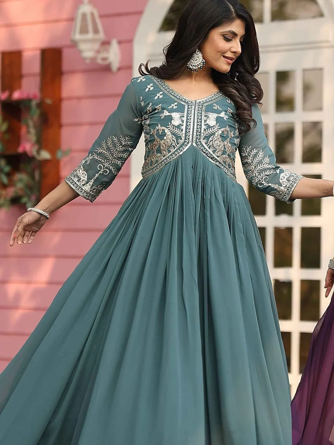 Captivating Teal Green Sequins Work Georgette Festive Wear Gown - Zeel Clothing