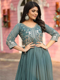 Captivating Teal Green Sequins Work Georgette Festive Wear Gown - Zeel Clothing