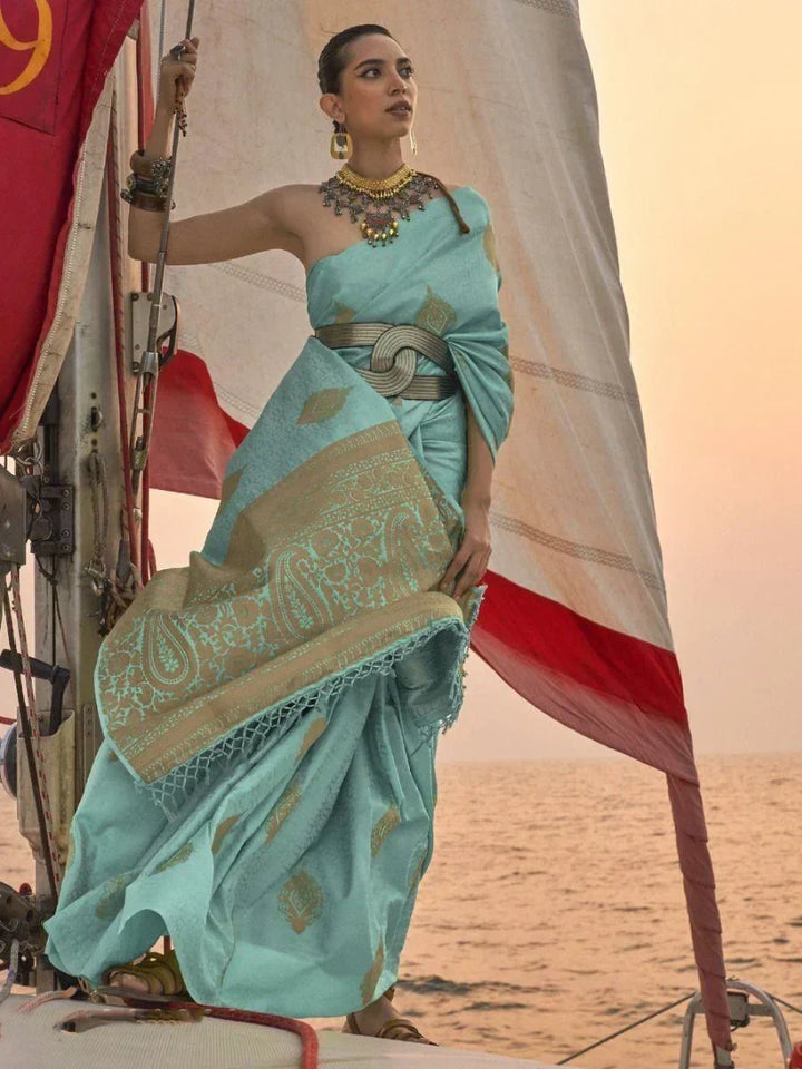 Captivating Turquoise Woven Satin Silk Reception Wear Saree