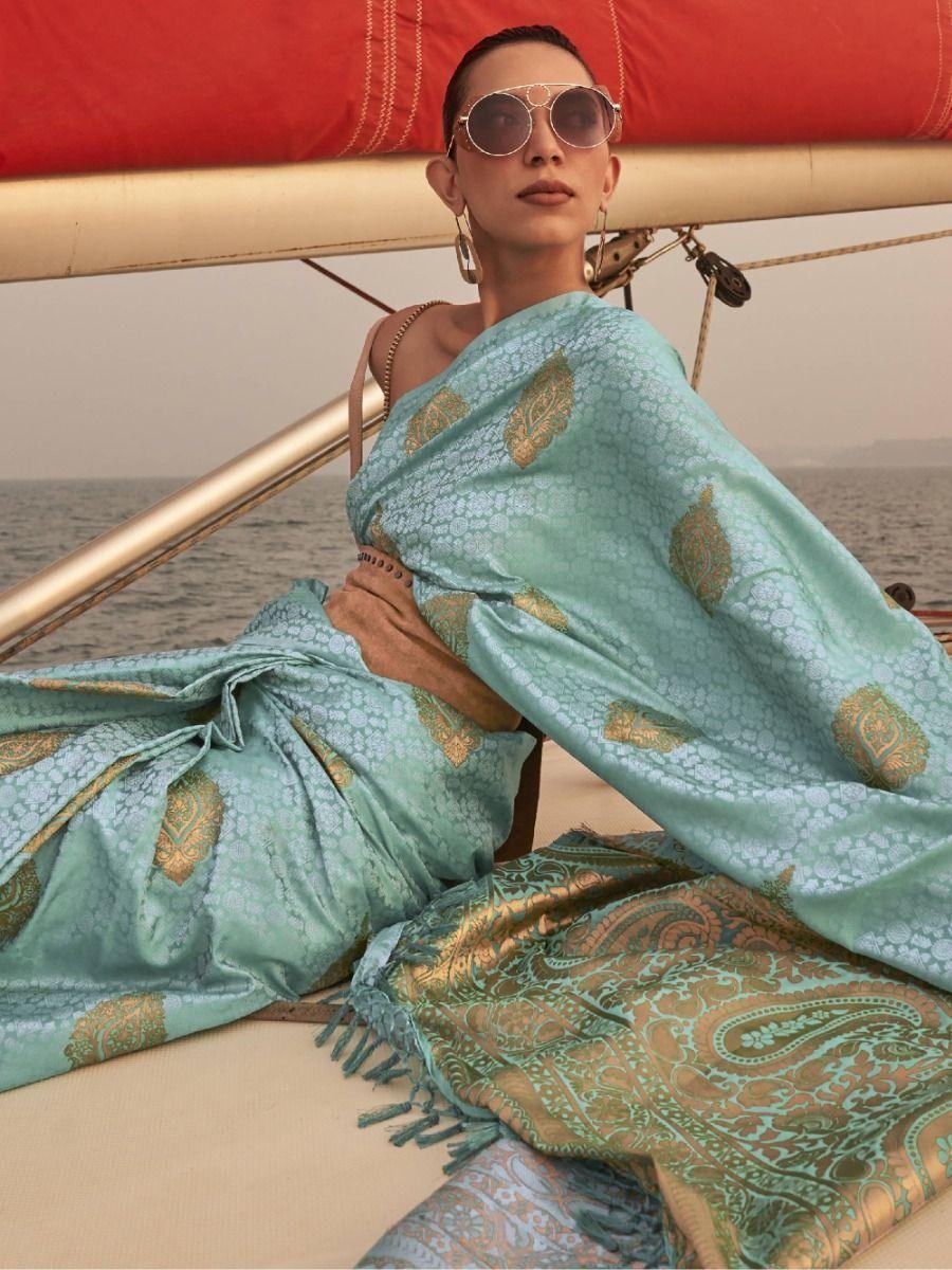 Captivating Turquoise Woven Satin Silk Reception Wear Saree