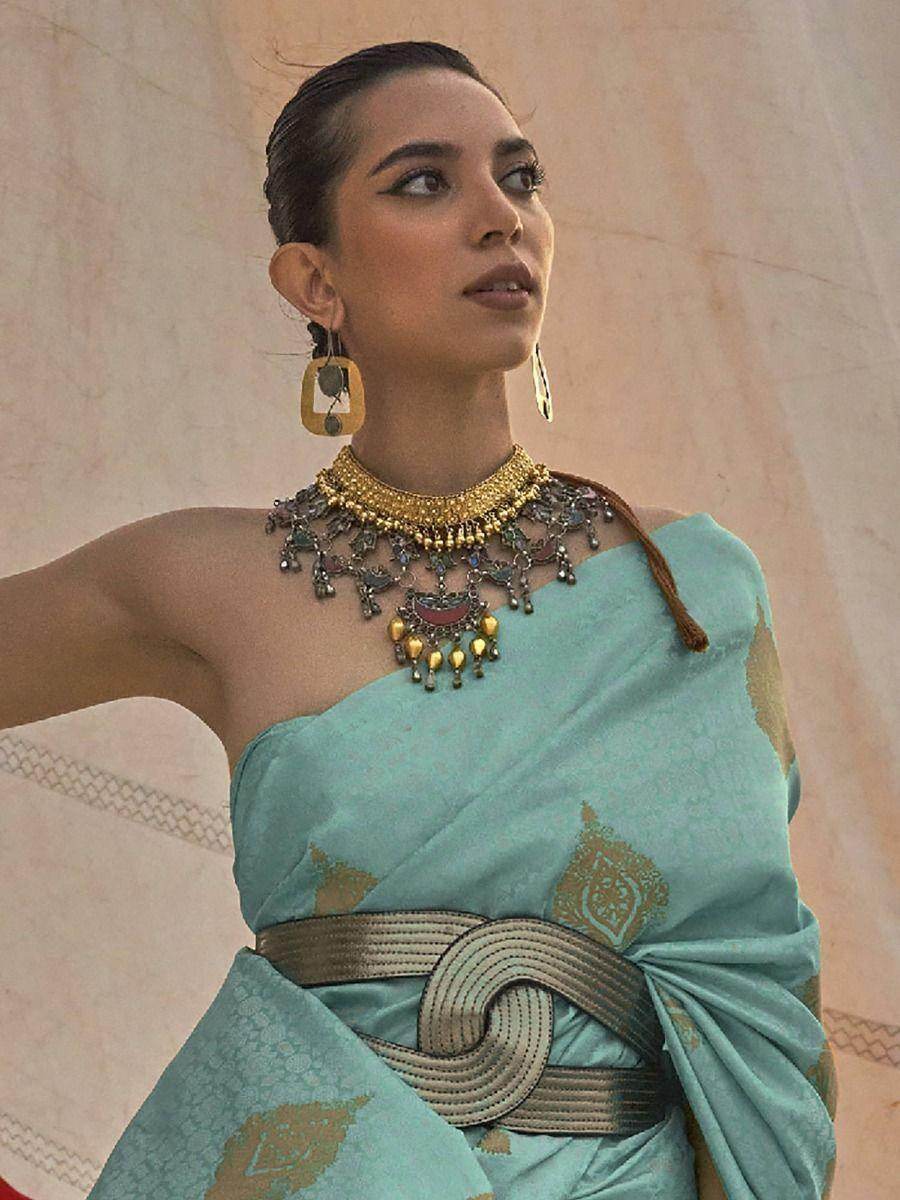 Captivating Turquoise Woven Satin Silk Reception Wear Saree - Zeel Clothing