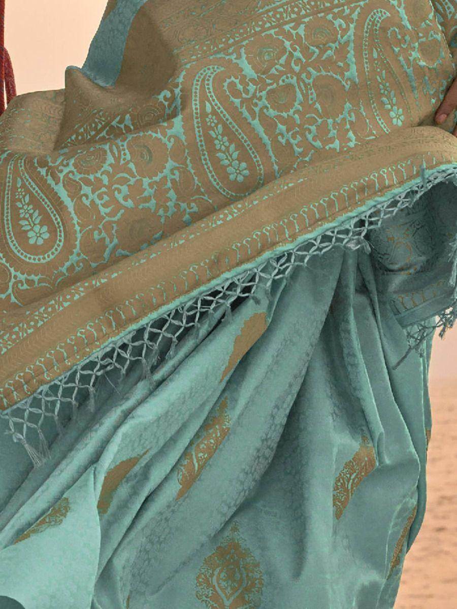 Captivating Turquoise Woven Satin Silk Reception Wear Saree - Zeel Clothing