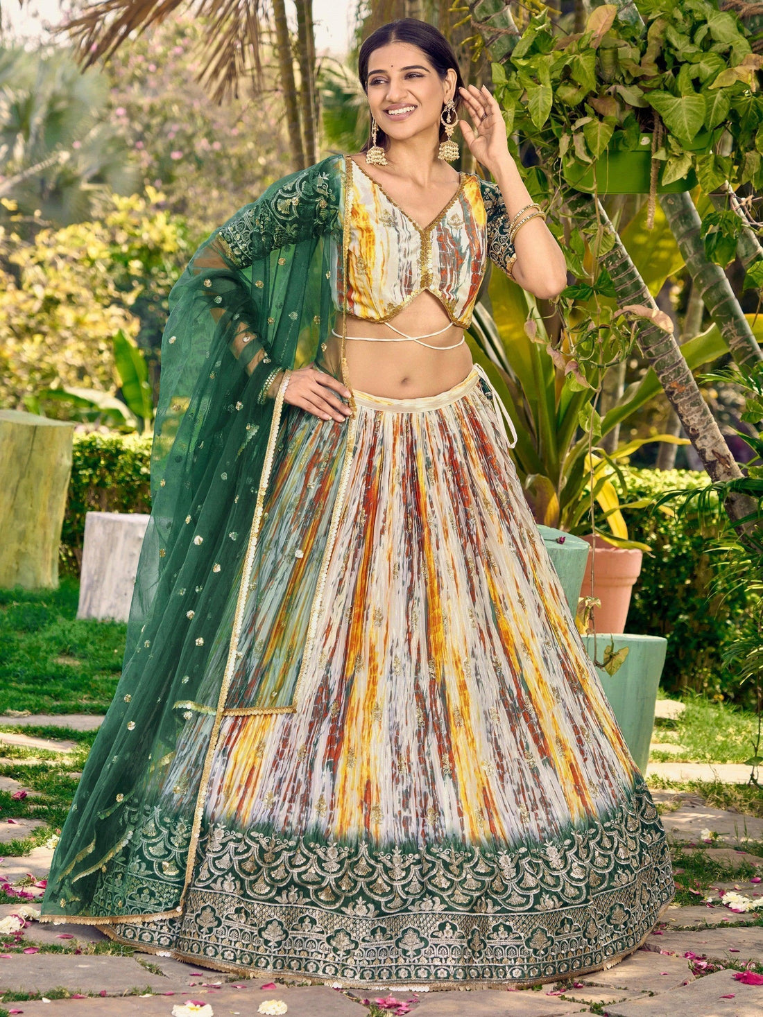 Captivating White & Green Digital Printed Chinon Lehenga Choli