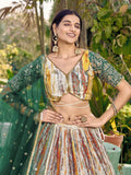 Captivating White & Green Digital Printed Chinon Lehenga Choli - Zeel Clothing