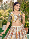 Captivating White & Green Digital Printed Chinon Lehenga Choli - Zeel Clothing