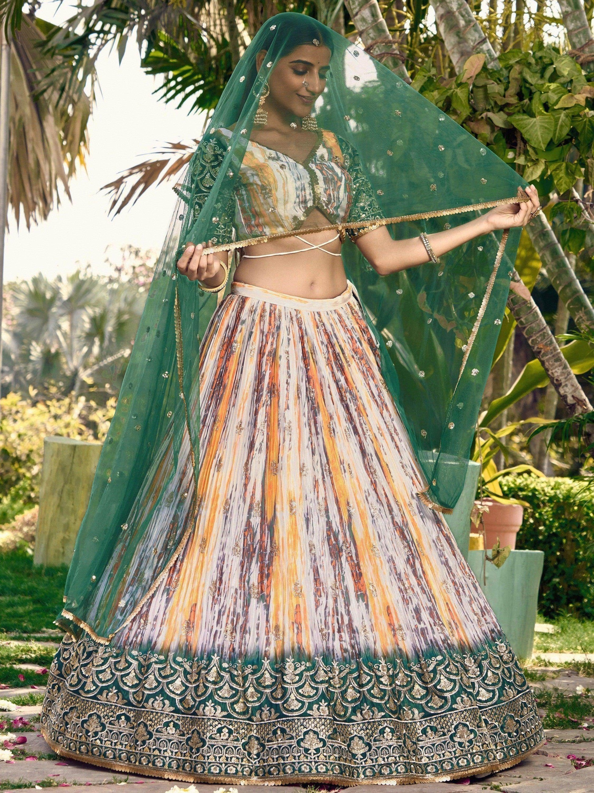 Captivating White & Green Digital Printed Chinon Lehenga Choli - Zeel Clothing