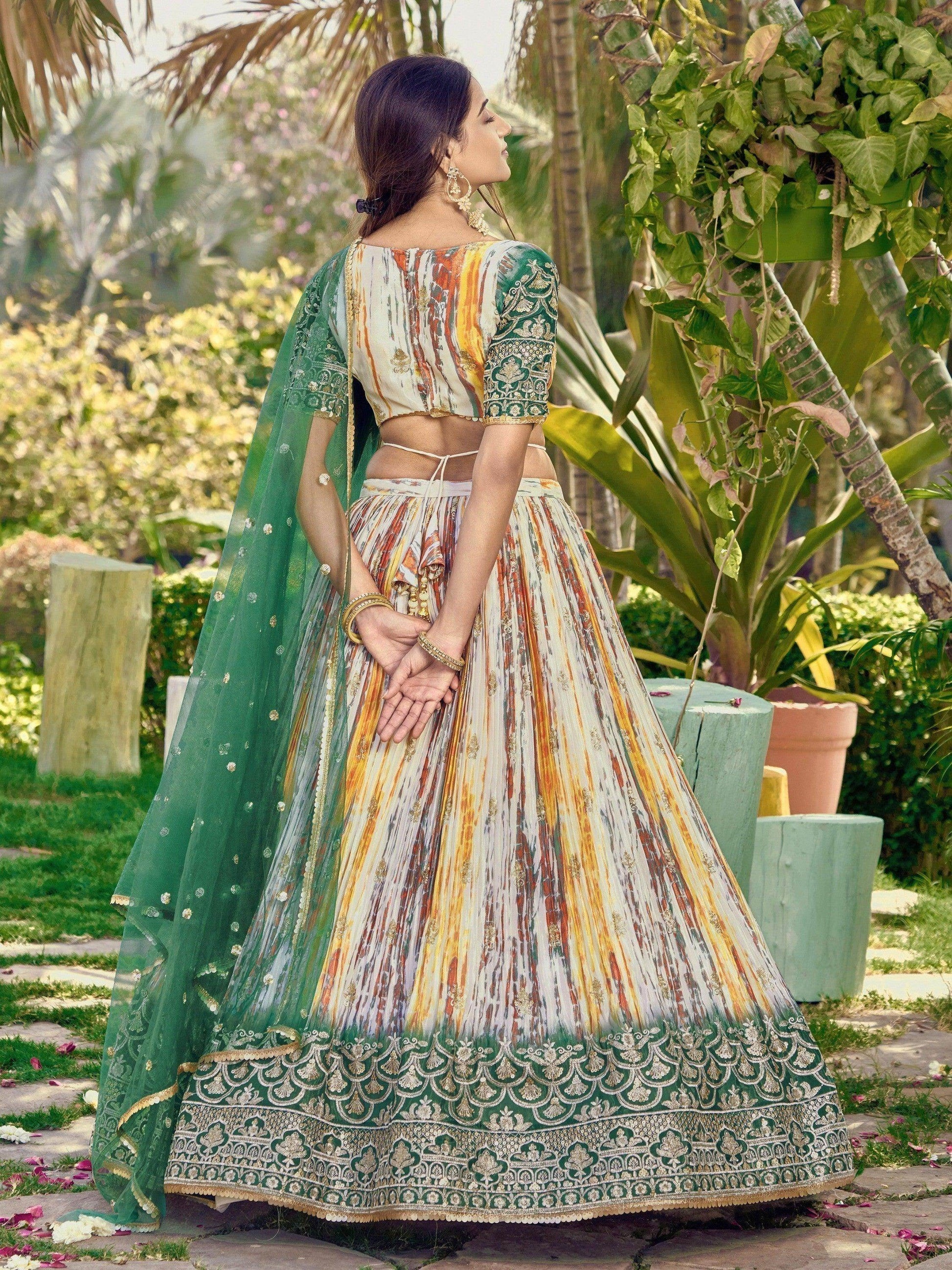 Captivating White & Green Digital Printed Chinon Lehenga Choli - Zeel Clothing