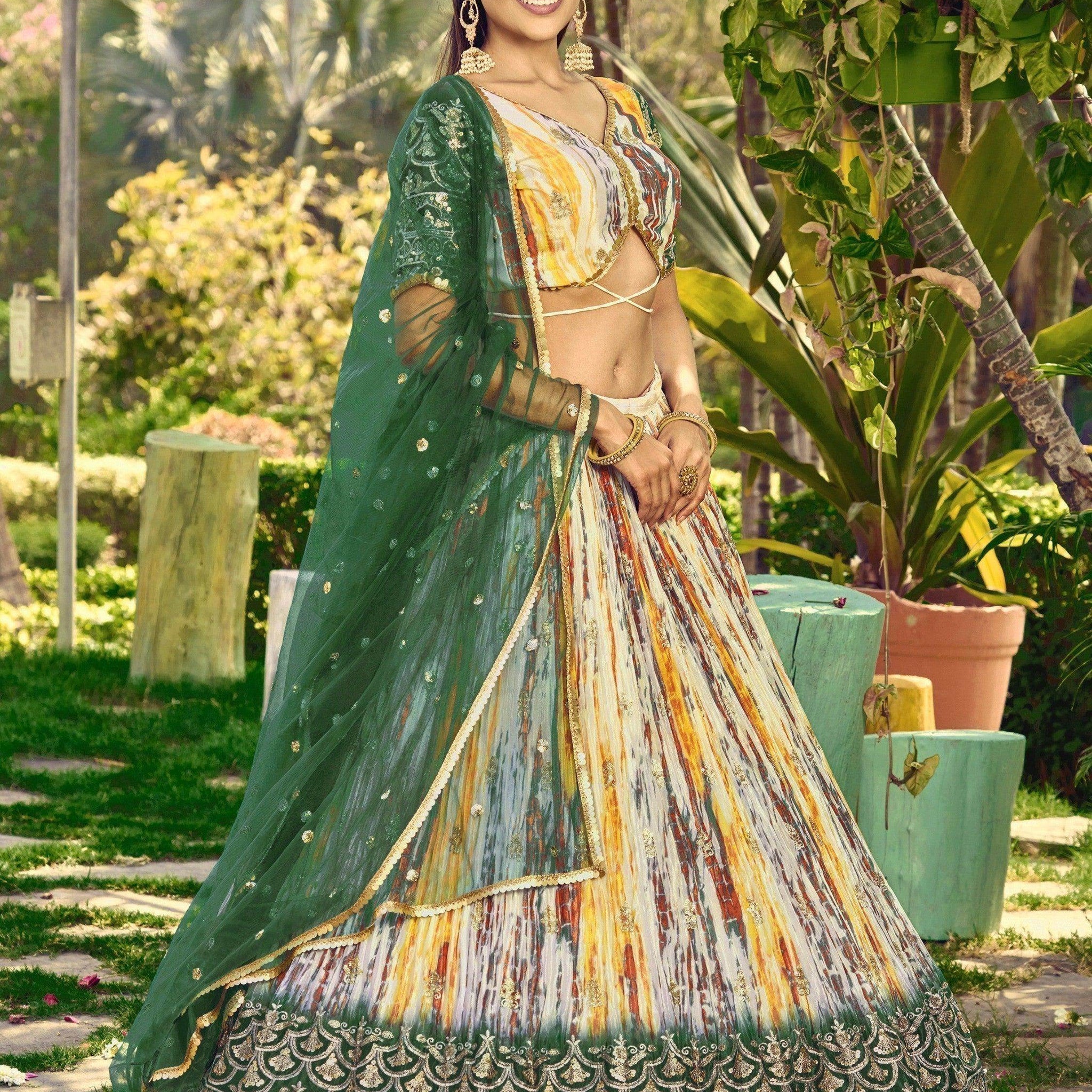 Captivating White & Green Digital Printed Chinon Lehenga Choli - Zeel Clothing